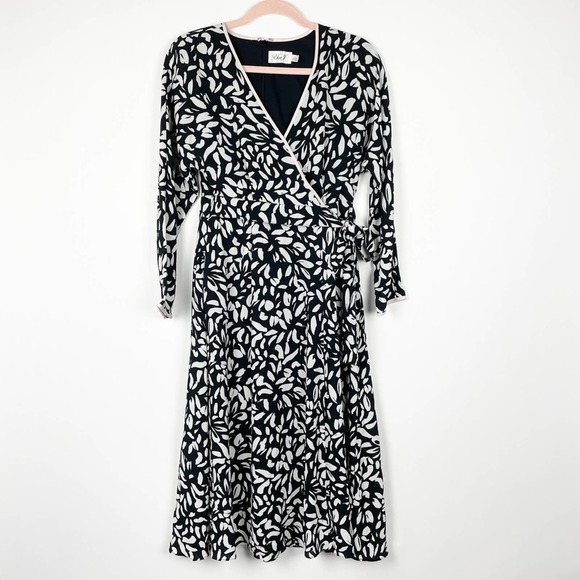 NWOT Eliza J True Wrap Petal Print Dress Black White Cinched 3/4 Sleeve … - Picture 2 of 16